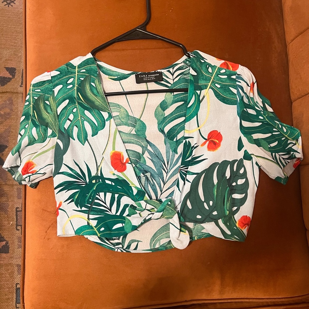 Zara White Tropical Leaf Print Cropped Tie-Front Top